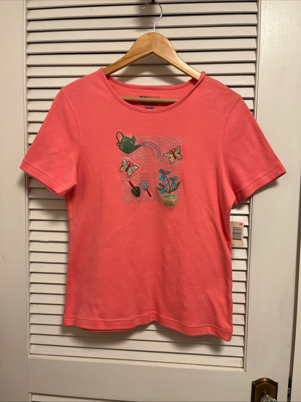 Basic Editions Coral Garden Embroidered Watering Can Tee, Grandma core